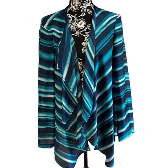 JONES NEW YORK size medium blue silky striped waterfall jacket shades of blue - Picture 1 of 10